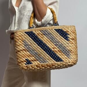 Vintage 70s Woven Straw Bag - Bamboo Handles11